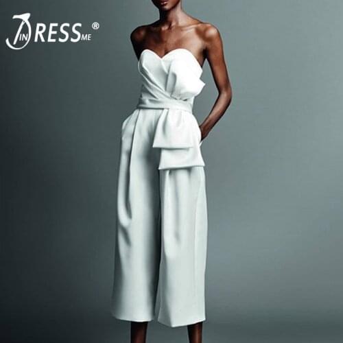 INDRESSME 2019 New Women Fashion Office Lady Sexy Strapless Backless Ruffles Half Length Pant Party Club Bodycon Casual Jumpsuit