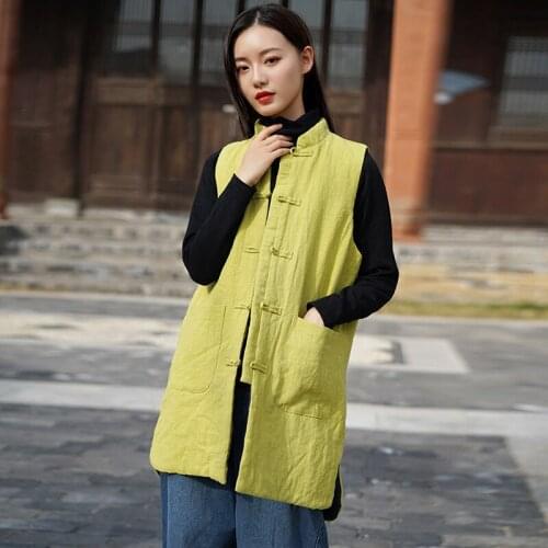 Johnature New Leisure Retro Stand Plate Buckle Thickened Cardigan Long Vest 2020 Winter Comfortable All-match Women Vest Coat