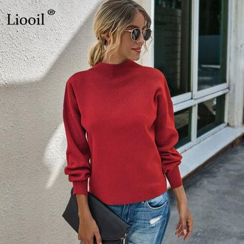 Liooil Casual Loose Knit Sweater For Women Long Sleeve Puff Sleeve O Neck 2020 Autumn Winter Solid Clothing Pullover And Jumpers