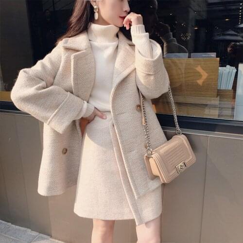 XS-XL Winter Women 2 Piece Set Female Woollen Tweed Double Button Coat + Irregular Split Pencil Skirt Suits