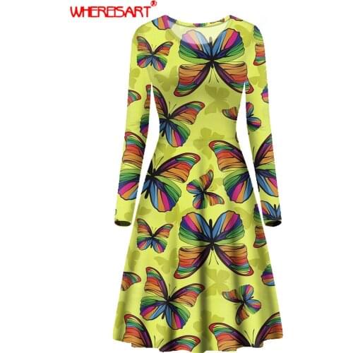 WHEREISART 3D Butterfly Print Ladies Party Beach Dress Autumn Long Sleeve Women Elegant Pleated Retro Dress Vintage O-neck Dress