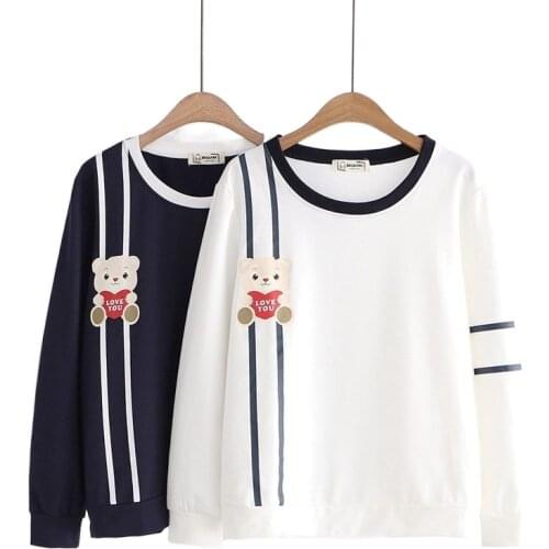 2021 Summer Japanese Mori Girl Cute Bear Print Cotton Sweatshirts Hoodie Women O-Neck Long Sleeve Pullovers Thin Top 86-019