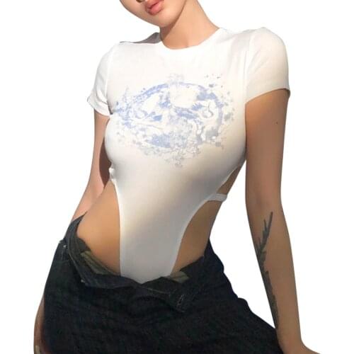 2021 Trendy Sexy Print Hollow Out Bodysuit Women Short Sleeve O Neck Skinny Romper Club Fashion Body Tops Jumpsuit Streetwear