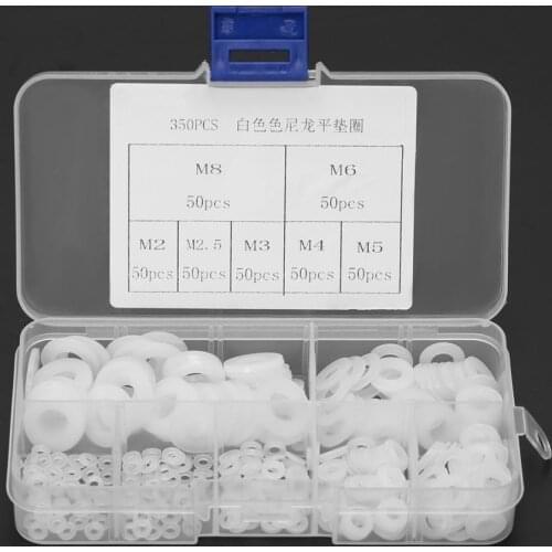 350Pcs M2/M2.5/M3/M4/M5/M6/M8 White Nylon Flat Washer Gasket Plane Spacer Backup Joint O Ring Assortment Kit With Storage Box