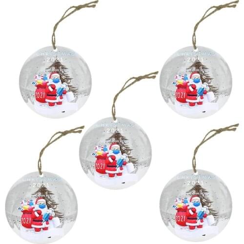 5pcs Christmas Pendant Exquisite Pattern Widely Used Decoration Wear Mask Santa Claus Wooden Round Tag 2021 Holiday Desktop Doll