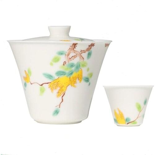 White Bergamot Gaiwan White Porcelain Hand Painted Tea cover bowl lard melon Sancai bowl bowl kungfu tea set tea cup bowl