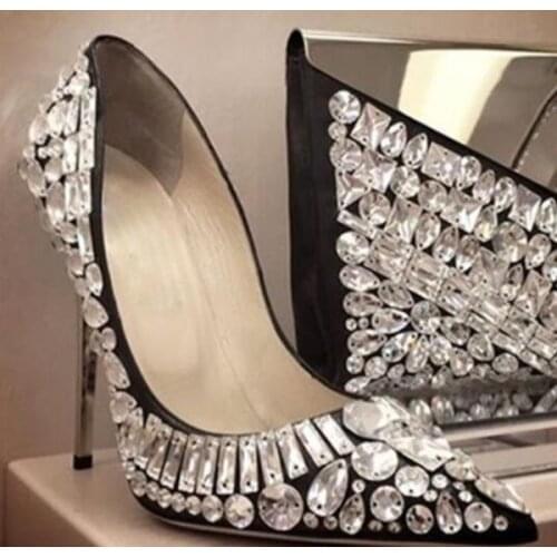 Glitter Rhinestone Sewed Wedding Pumps Ladies Bling Bling Crystal High Heels Women Golden Heels Pointed Toe Female Single Shoes
