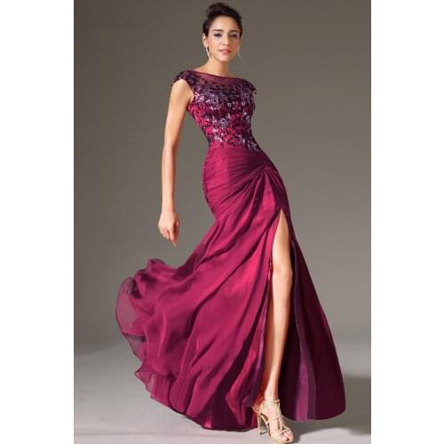 Purple Evening Dresses Mermaid Cap Sleeves Chiffon Lace Slit Sexy Plus Size Long Evening Gown Prom Dresses Robe De Soiree