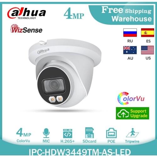 Dahua WizSense 4MP IP Camera Full-Color IPC-HDW3449TM-AS-LED H265+ POE Built-in Mic SD Card CCTV Surveillance Video Dome Camera