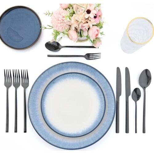 JANKNG 24Pcs Mirror Black Cutlery Set Stainless Steel Flatware Set Knife Fork Spoon Silverware Kitchen Wedding Dinnerware Set