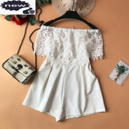 Summer Women Lace Patchwork High Waist Short Jumpsuit Street Slash Neck Loose Rompers Office Lady Solid Color Wide Leg Shorts
