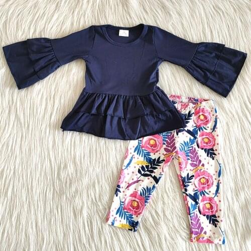 New arrival kids fall long sleeve outfit girl ruffle top and pants clothing set baby girls navy top outfit with flowers