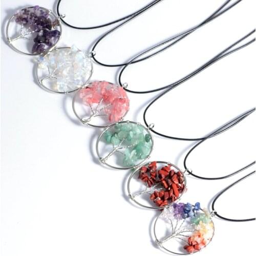 Hot Sale Natural Cystal Stone Pendant Tree of Life Necklace of Pendant with Black Leather Necklace Jewelry