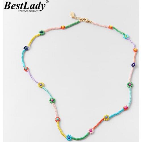 Best Lady ZA Korean Sweet Little Daisy Flower Beads Necklace for Women Bohemian Rainbow Handmade Clavicle Necklaces Jewelry Gift