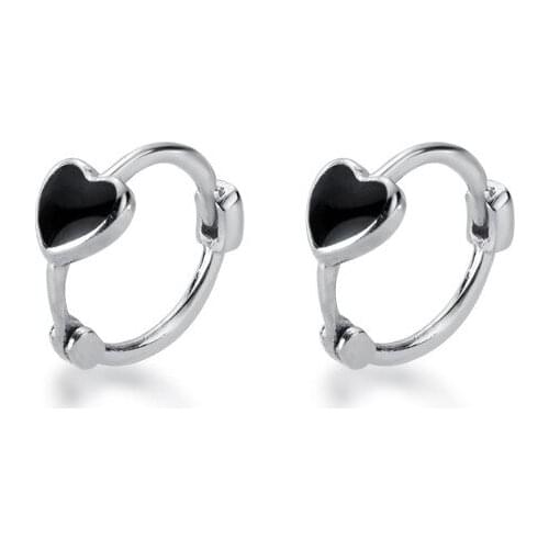 Small 11MM 100% Real. 925 Sterling Silver jewelry Black Enamel Heart Piercing Ear-bone Ear Hoop Huggie Earrings C-G4974