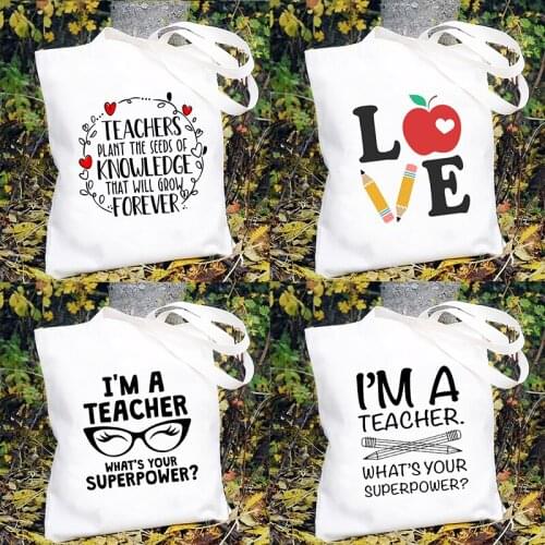 Reusable Teacher Book Bag Shopper Bags Teachers' Day Gift Teacher Life Printing Canvas Shopping Tote Bag for Women Shoulder Bag
