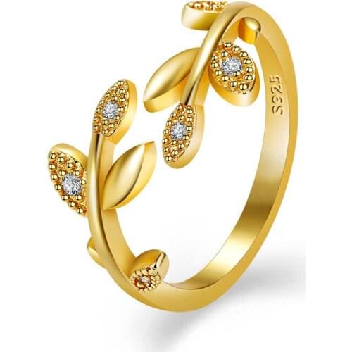 Fashion Ring 925 Silver Jewelry Accessories with Zircon Gemstone Leaf Shape Gold Color Open Finger Rings for Women Wedding Party