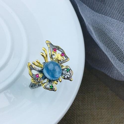 Natural Aquamarine With Tourmaline Inlay Ring for Women Butterfly Shape S925 Fine Jewelry Top Quality March Birthstone Party