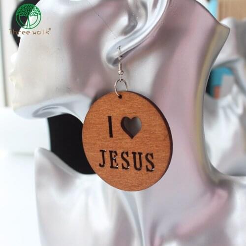 Wholesale Price I Love JESUS Vintage Wood Earrings Natural Eardrop For Women Gift