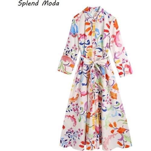 TRAF Autumn Office Lady Chic Slim Vintage Foral Printed Midi Dress Women Street Style Sashes Single-breasted Dress Female