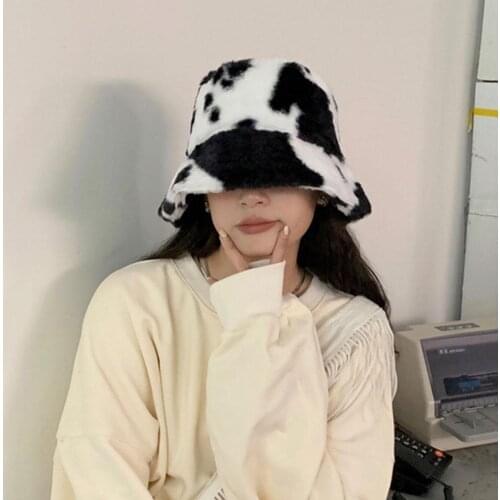 New Fashion Faux Fur Cow Print Bucket Hats Women Winter Panama Caps Fisherman Gorra P4A3