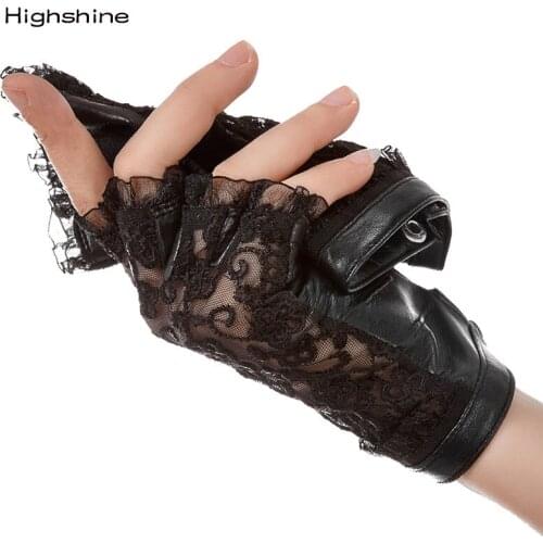 HIGHSHINE 2020 Hot Sale Medival Lolita Women Lace Genuine Leather Gloves Unlined Nappa Lambskin Wrist Sunscreen Glove