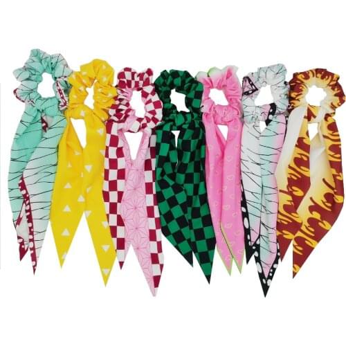Anime Demon Slayer Cosplay Hair Ring Ribbon Nezuko Zenitsu Tanjirou Fashion Scrunchies Hair Accessories Girl Costume Props Gifts