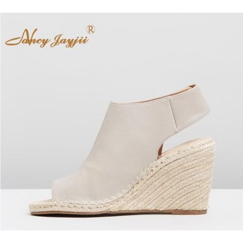 Summer White Espadrille High Wedges Sandals Woman Open Toe Hook&Loop Ladies Shoes Large Size 11 12 Casual Holidays Leisure 2019