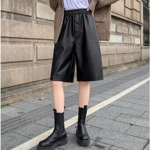 S-3XL PU Leather Shorts Womens Autumn Winter New 2021 high waist elastic Loose Five Points Leather Trouser Plus Size Shorts