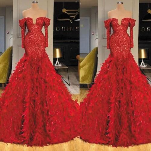SuperKimJo Abendkleider Luxury Prom Dresses 2020 Red Sparkly Feather Elegant Modest Prom Gown 2021 Vestidos De Noite