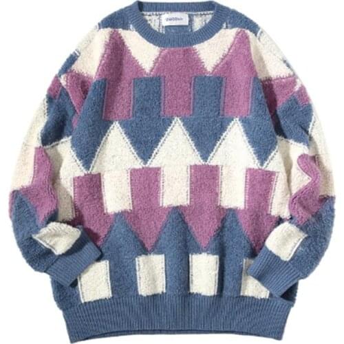 Loose Pullover Geometric Diamond Pattern Outer Wear Round Neck Sweater Womens Autumn Winter Clothing 2021 New Womens Jacket