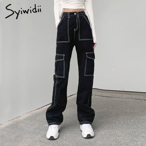 Syiwidii Cargo Black Pants High Waisted Jeans for Women Full Length Baggy Y2k Denim Vintage Streetwear Clothes Straight 2021 New