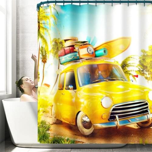 180*180cm Bathroom Shower Curtain Cartoon Summer Car Trip Scene Print Shower Curtain