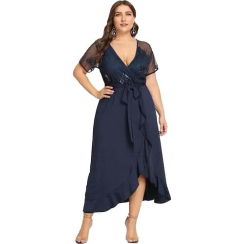 Large size women long dresses 2020 new summer fashion sexy deep V irregular hem waist dress female three color optional