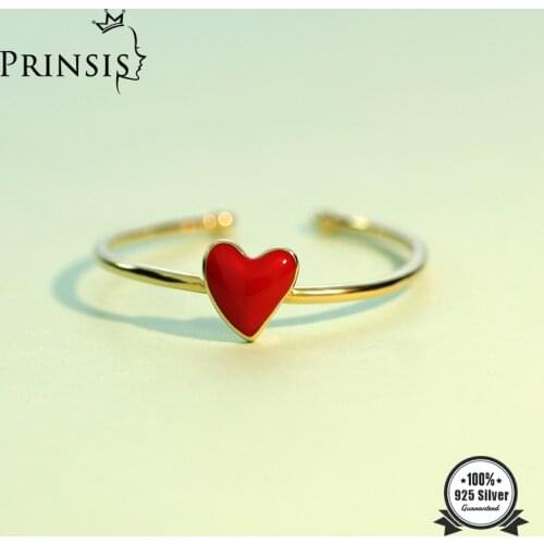 PrinSis 100% 925 Real Sterling Silver Fashion Gold Red Heart Cocktail Ring Sizable 5 6 7 Girl 2018 Kids Xmas Gift XY855