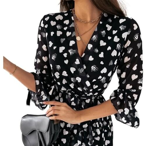 Spring Ruffles Lace Up FE Womens Mini Robe Female Elegant Lady Vestidos Heart Print V-Neck High Waist Dresses Lantern Sleeve