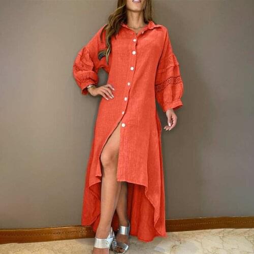 Women Dress Vintage Long Lantern Sleeve Lapel Collar Asymmetric Shirts Dresses Beach Sundress Casual Vestidos Robe Femme S