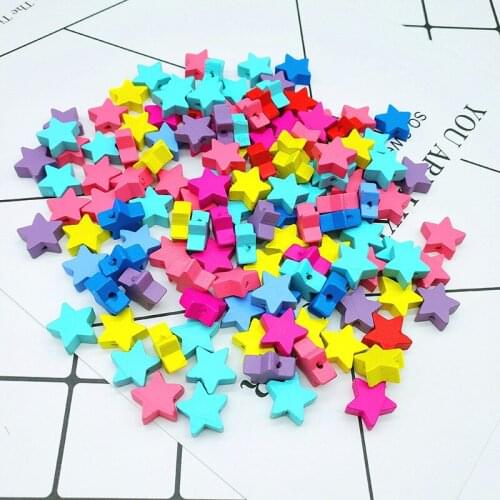 100pcs 15mm Mix DIY childrens Handmade puzzle wood star beads star charms colorful cartoon Pentagram wooden jewelry accessories