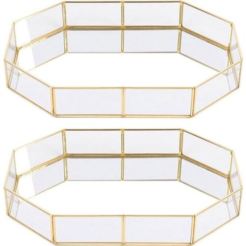 2Pcs Nordic Style Glass Copper Geometry Storage Baskets Box Simplicity Style Home Organizer For Jewelry Necklace Dessert Plate