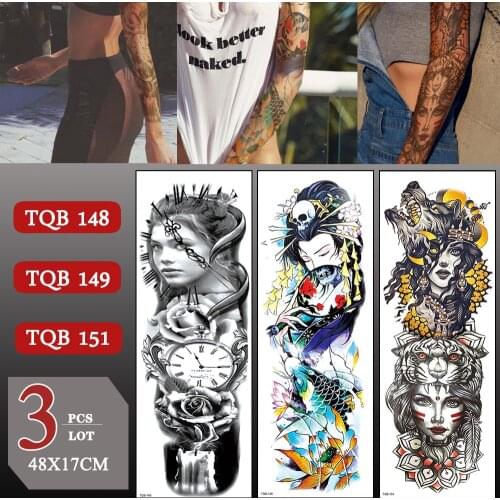 3 pcs/lot Full Arm Fake Tattoos For Men Women Waterproof Temporary Tattoo Sticker Large Arm Sleeve Skull Rose Flower Arm Sticker