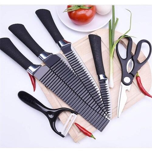 6 pcs/set Stainless Steel Kitchen Knife Set Wave Sharpener Cutting Chef Knife For Fruit Vegetable Meat Cooking Knives Scissors