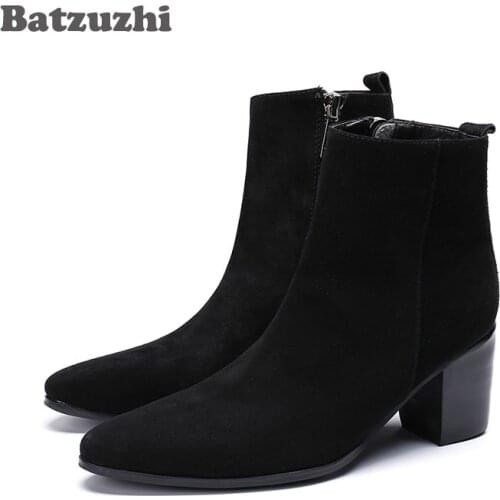 Batzuzhi 7CM High Heel Men Boots Ankle Black Suede Dress Boots Zip Suit Party & Business Boots Men Fashion Chaussures Hommes, 46