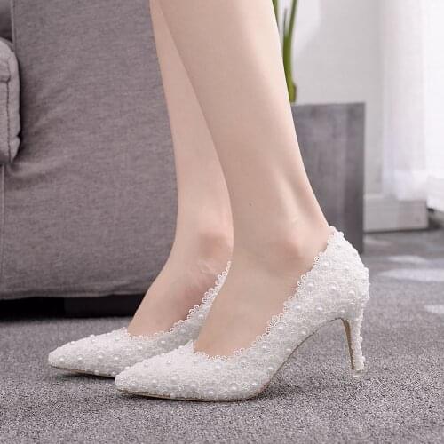 Designer Sexy Womens Lace Flower Bead Pumps Office Lady Stiletto High Heels Pointed Toe Fashion Wedding Dress Party Shoes H0075