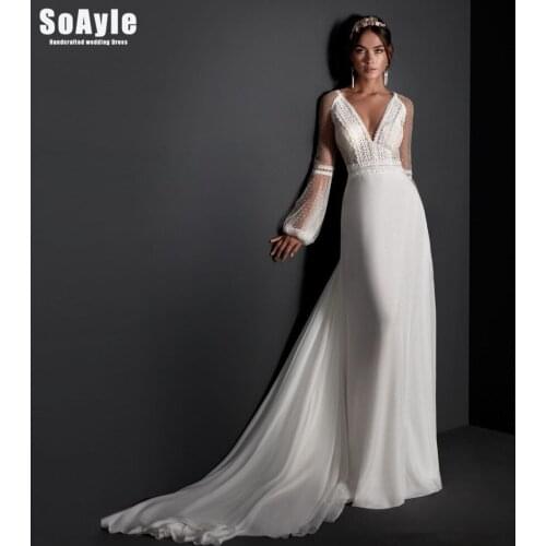 Elegant White Wedding Dress with Exquisite Line Deep V-neck Transparent Long-Sleeved Straight Wedding Dress Plus Size Women SoAy