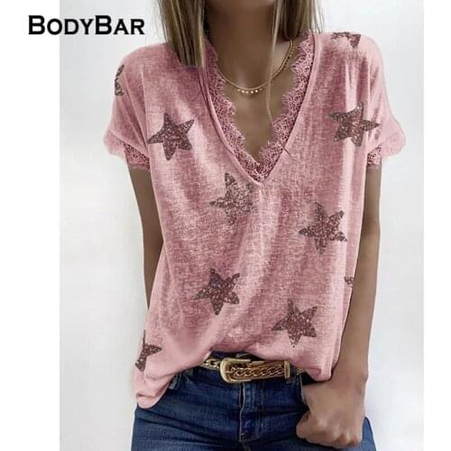 2021 Cotton V-Neck T-shirt Fashion Short Sleeve Summer Tees Stars Print Splice Lace Loose Pullovers Plus Size 5XL Female T Shirt