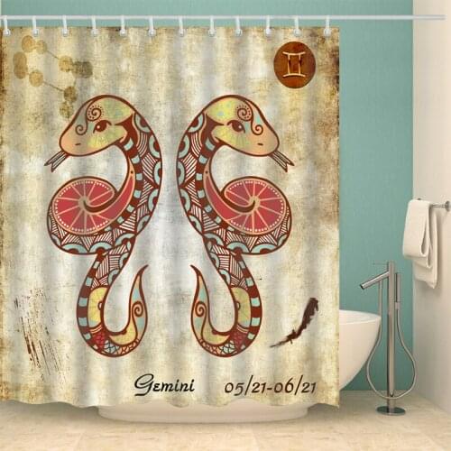 Gemini Twelve Constellations Shower Curtain Set with 12 Hooks Natural Plants Bathroom Decoration Washable Polyester Fabric