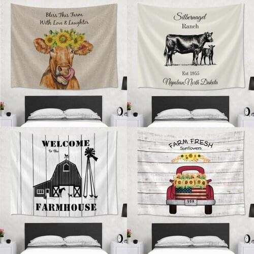 Farm Cow Sunflower Tapestry Wall Hanging Hippie Farmhouse Decor Country Style Tapestry Wall Polyester Cloth Tapestries Carpet