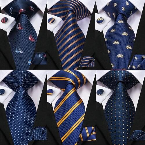 Hi-Tie Silk Mens Wedding Tie Navy Blue Striped Solid Gift Necktie For Men Fashion High Quality Hanky Cufflink Set Business Party