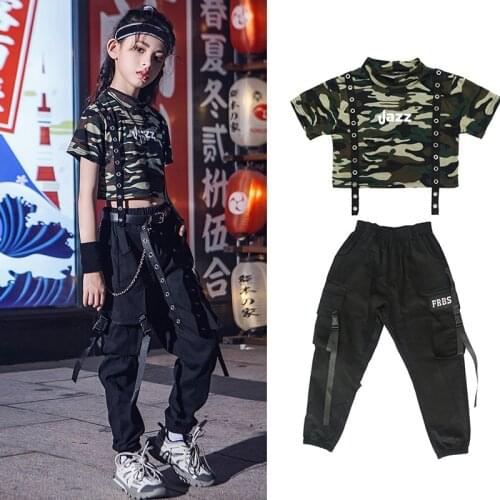 Jazz Dance Costumes For Girls Short Sleeve Camouflage Tops Pants Suit Childrens Hip Hop Costume Kids Street Dance Wear DWY4287