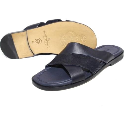 SHENBINS Premium Full Leather Slippers, Leather Soles, Soft Insoles, Dark Blue Sliders for Travelling Outdoor Hotels Flip Flops